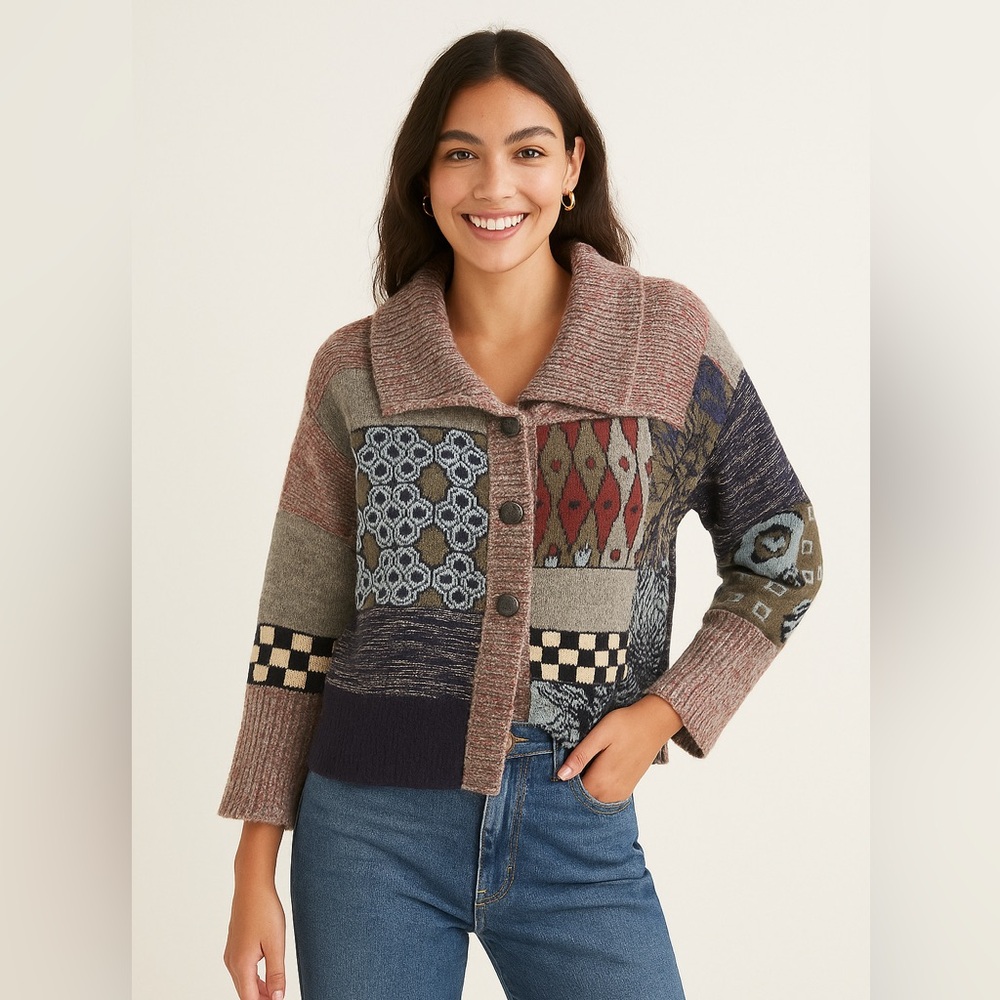 Aldo Martins Anthropologie RARE Patchwork Knit Cardigan Size 6